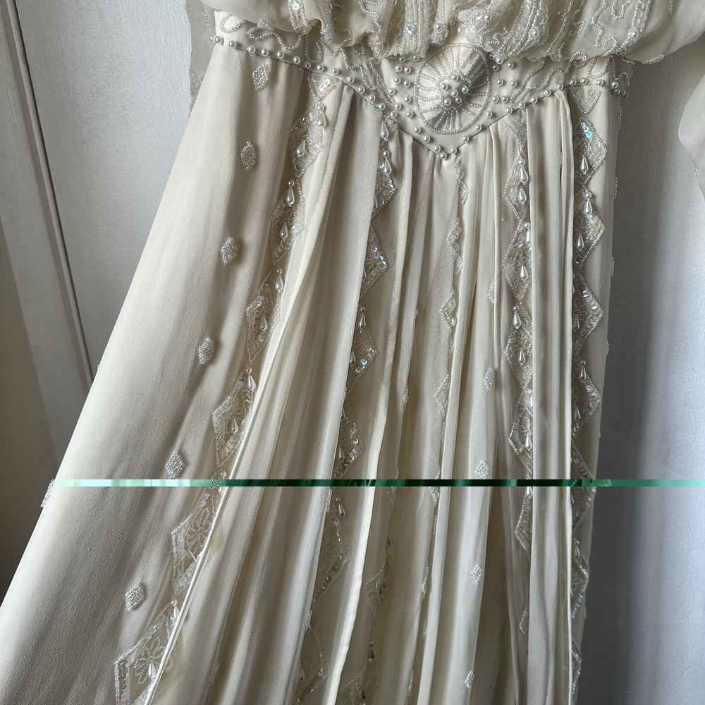 1980s Edwardian Style Heavily Beaded Lillie Ruben Silk Wedding Formal Gown Small - Picture 10 of 16